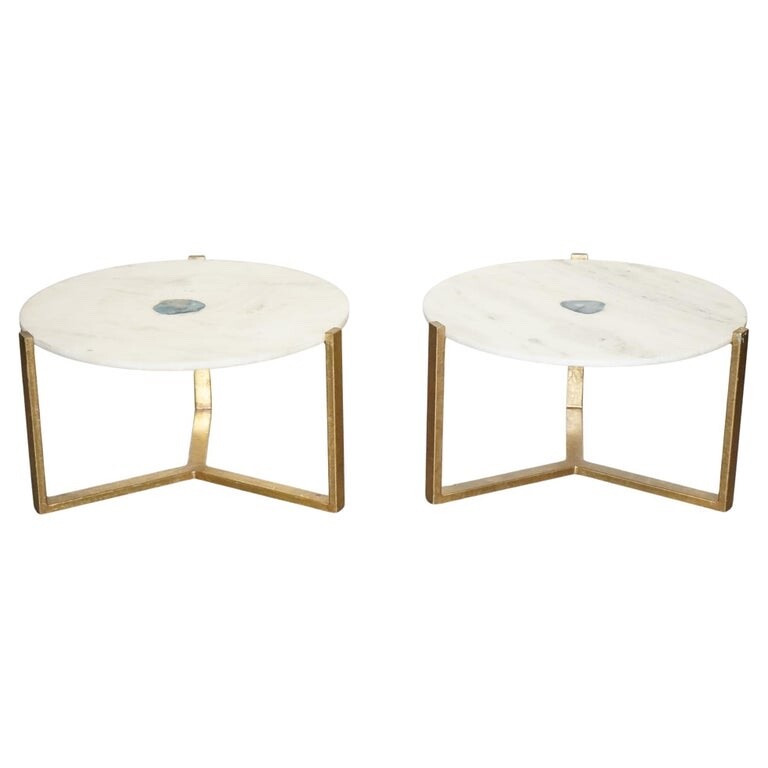 STUNNING EX SHOWROOM MARBLE IRON & BLUE AGATE STONE SIDE COFFEE TABLES