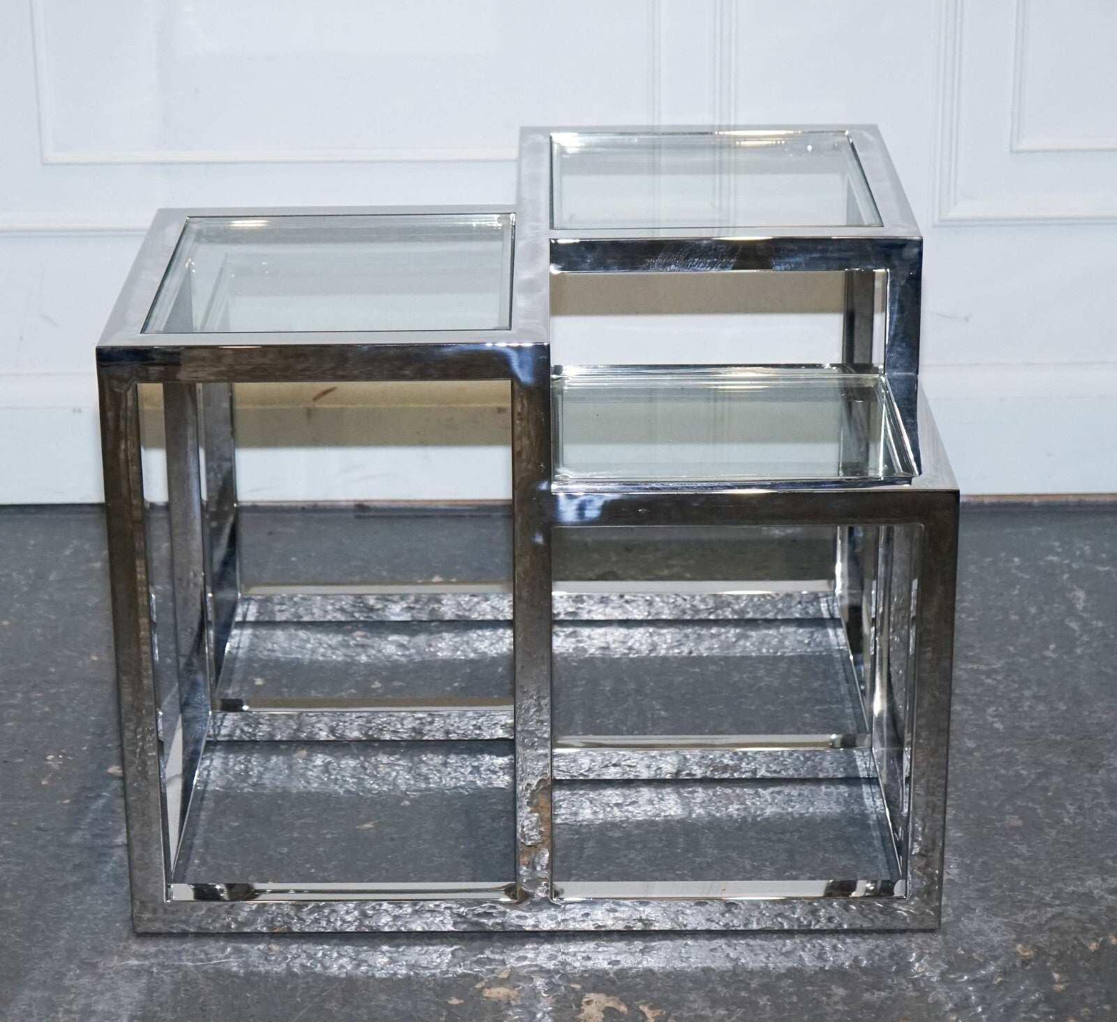 PAIR OF CASA PADRINO ART DECO STYLE GLASS POLISHED STAINLESS STEEL SIDE TABLES