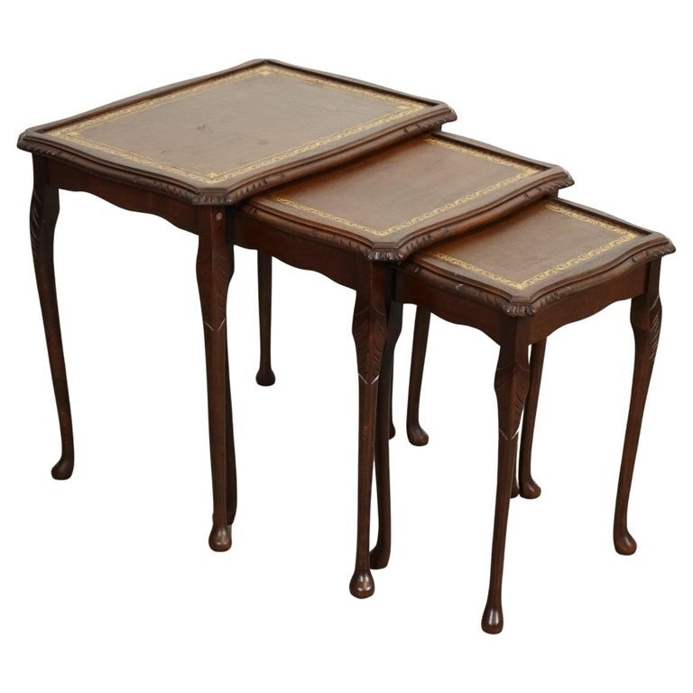 VINTAGE NEST OF TABLES QUEEN ANNE STYLE LEGS WITH BROWN EMBOSSED LEATHER TOP