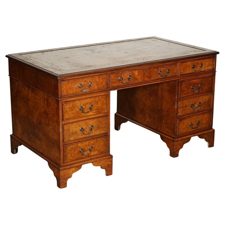 VINTAGE BURR WALNUT TWIN PEDESTAL BROWN LEATHER TOP DESK GOLD EMBOSSED TOOLING