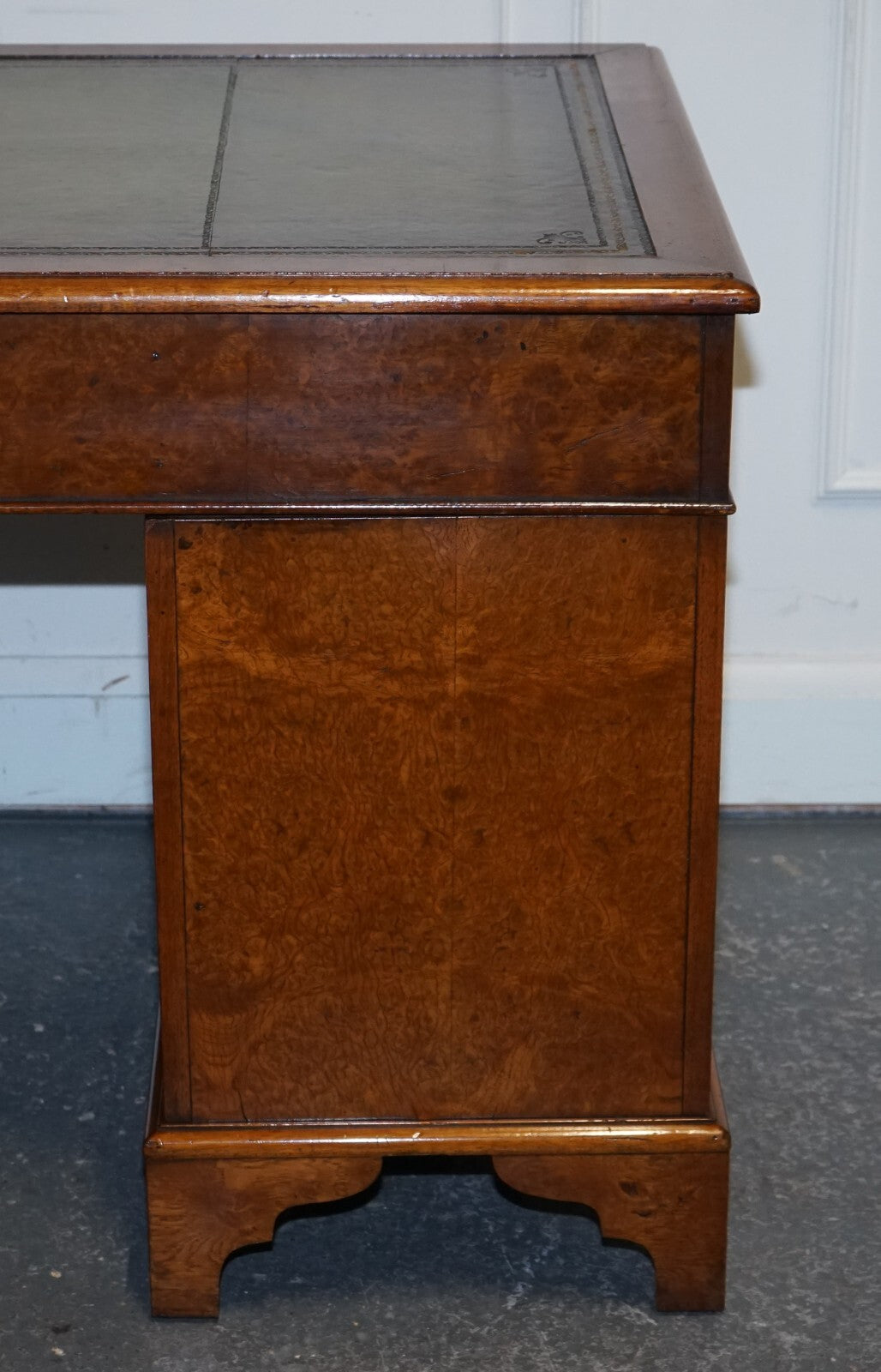 ONE OF A KiND RESTORED VICTORIAN BURR WALNUT HAND DYED LEATHER PEDESTAL DESK