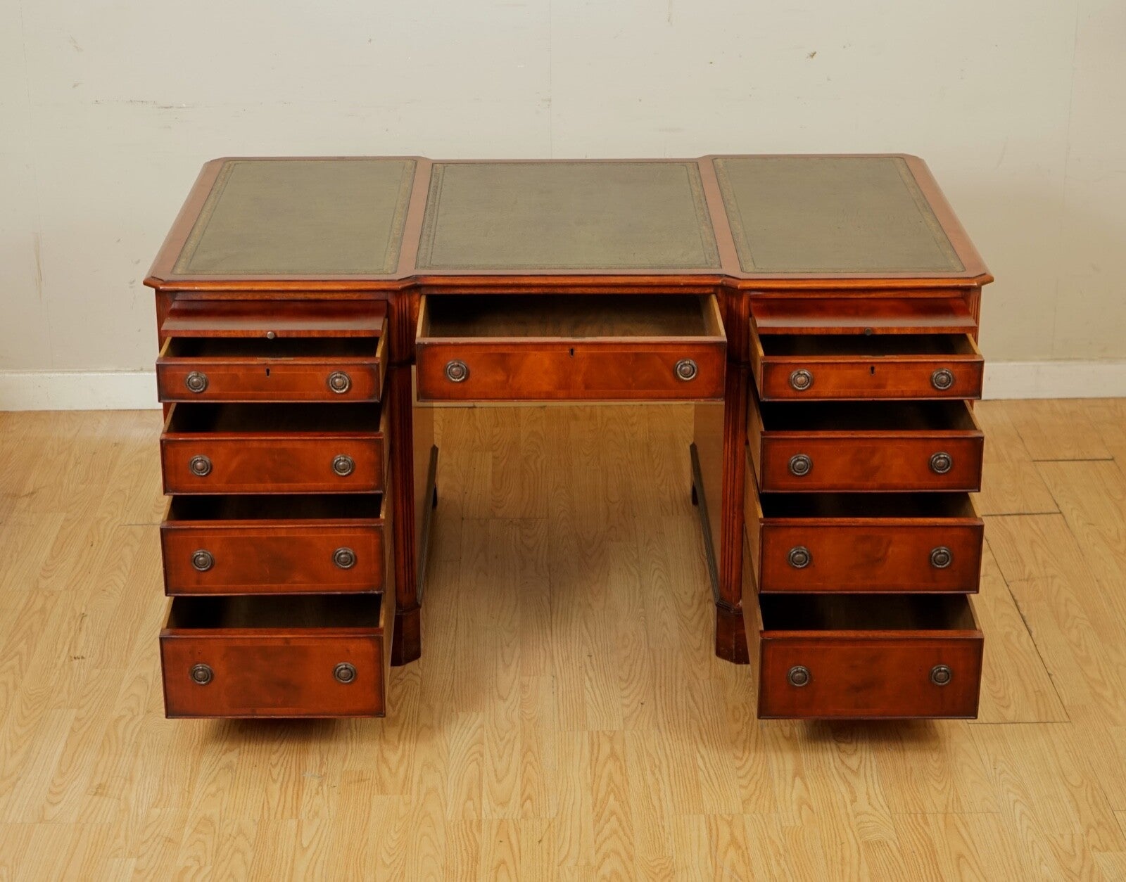 E.G HUDSON FULLY RESTORED TWIN PEDESTAL MAHOGANY DESK WITH GREEN LEATHER TOP