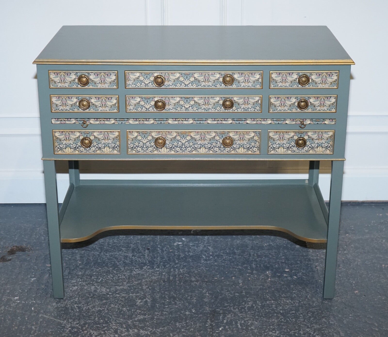 EUCALYPTUS GREEN & GOLD CONSOLE TABLE SIDEBOARD STRAWBERRY THIEF WILLIAM MORRIS