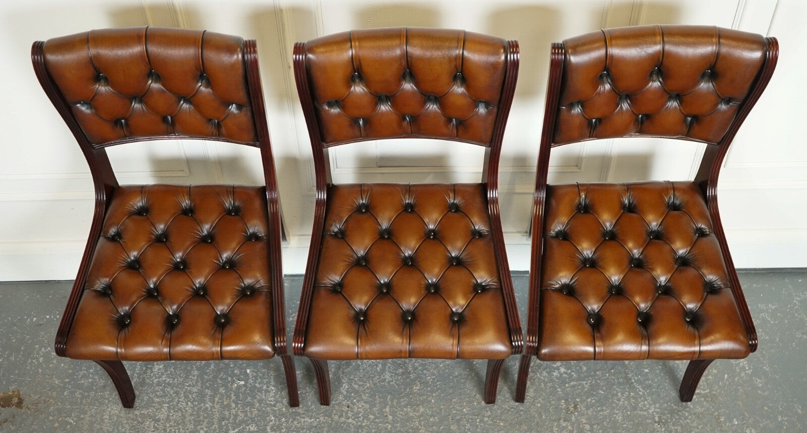 SET OF 6 RESTORED CHESTERFIELD LEATHER DINING CHAIRS J1
