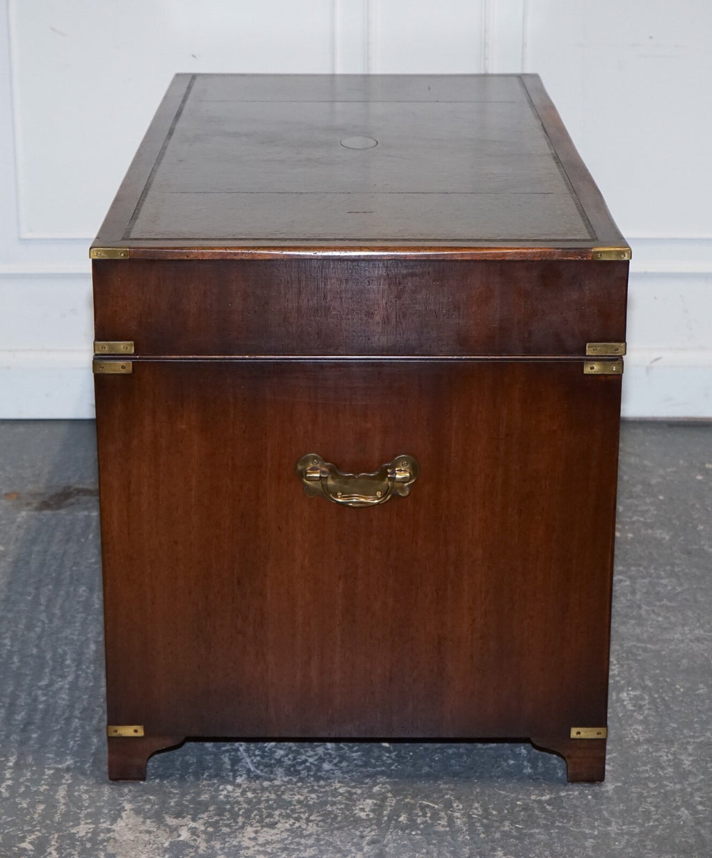 MILITARY CAMPAIGN TWIN PEDESTAL DESK WITH AGED GREEN LEATHER TOP BEVAN FUNELL