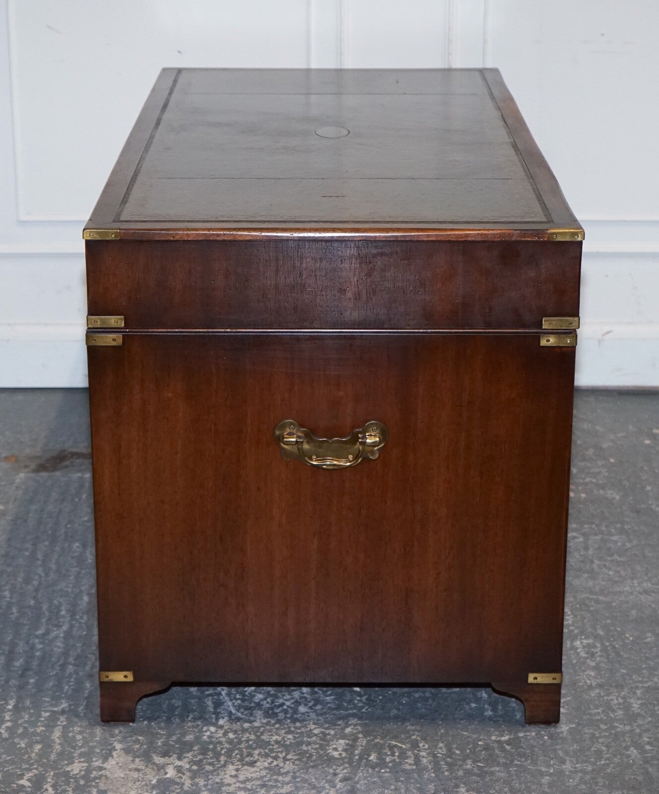 MILITARY CAMPAIGN TWIN PEDESTAL DESK WITH AGED GREEN LEATHER TOP BEVAN FUNELL