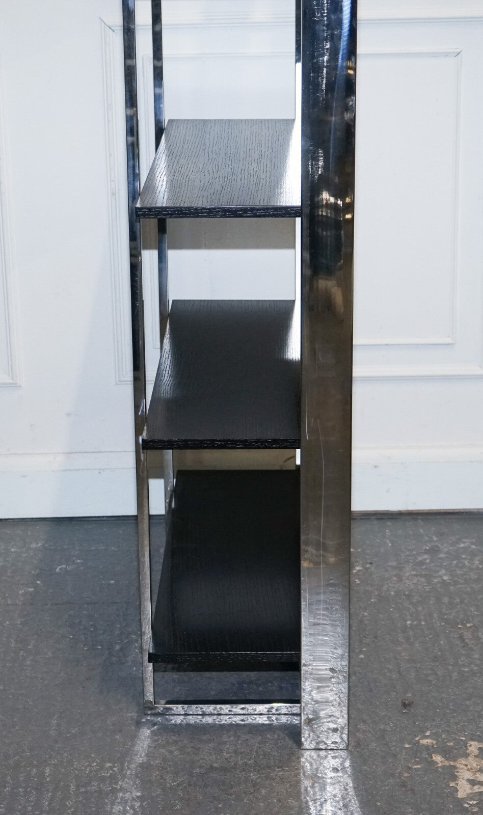 POLISHED STAINLESS STEEL BLACK AND SILVER ART DECO STYLE BOOKCASE SHELF DISPLAY