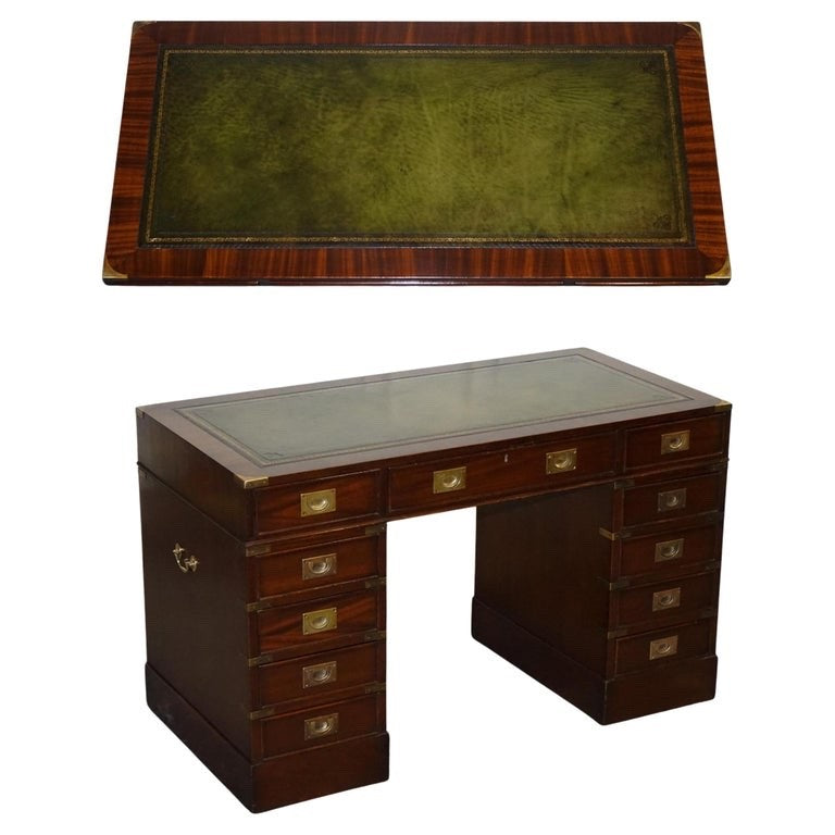 FINE RESTORED MILITARY CAMPAIGN TWIN PEDESTAL DESK WITH GREEN LEATHER TOP