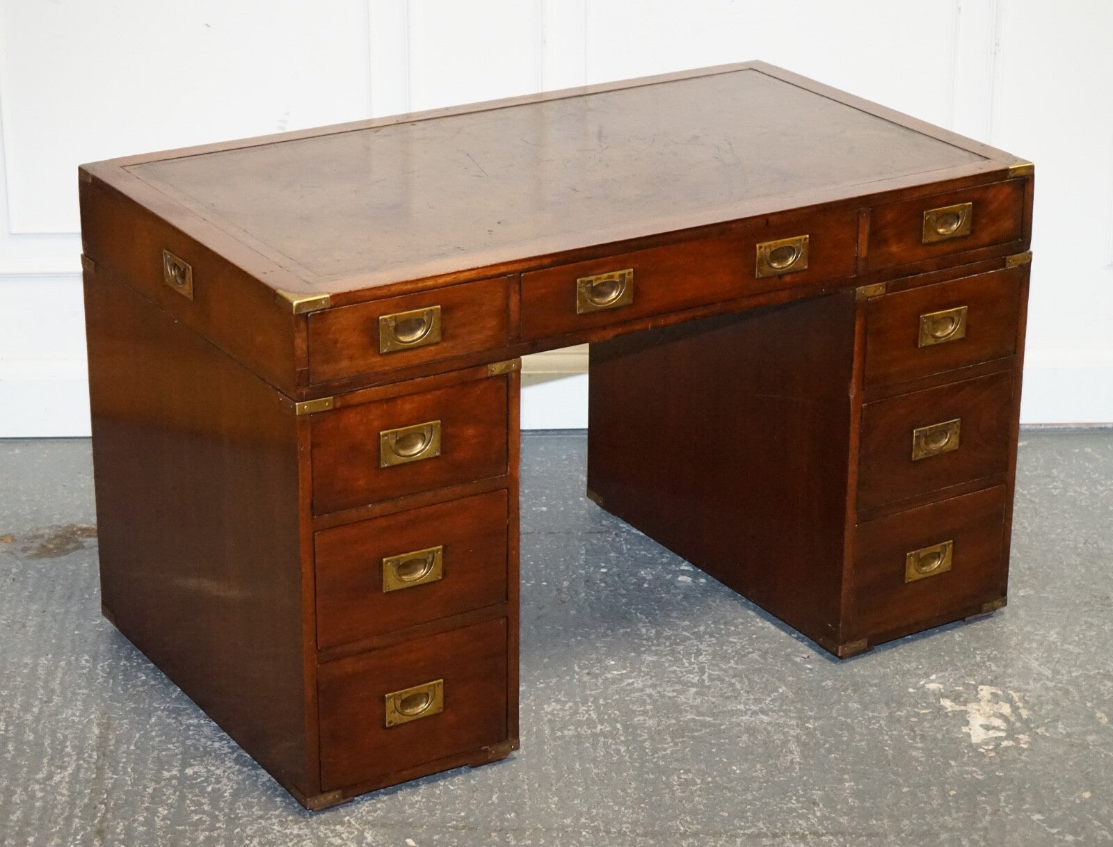 FULLY RESTORED BEVAN FUNNELL MILITARY CAMPAIGN TWIN PEDESTAL DESK BROWN LEATHER