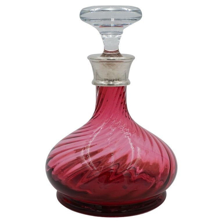 SILVER COLLARED HAND BLOWN CRANBERRY CRYSTAL DECANTER HARDWICKE COLLECTION
