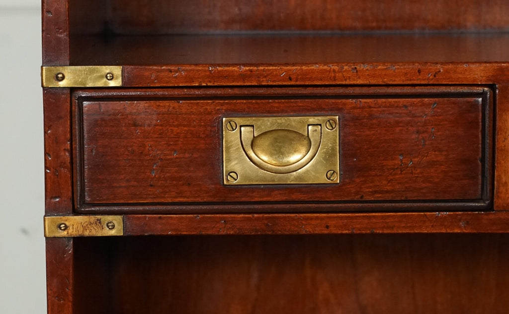 HARRODS LONDON KENNEDY THREE DRAWERS BURR YEW WOOD & BRASS MILITARY BOOKCASE