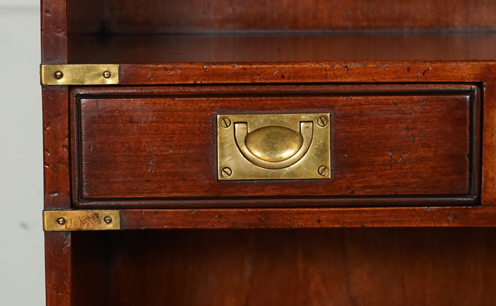HARRODS LONDON KENNEDY THREE DRAWERS BURR YEW WOOD & BRASS MILITARY BOOKCASE
