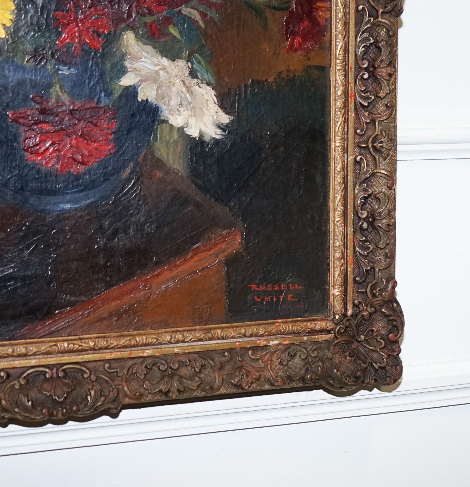 STILL LIFE PAINTING FLORAL BOUQUET GILTED FRAME SIGNED RUSSEL WHITE 1953