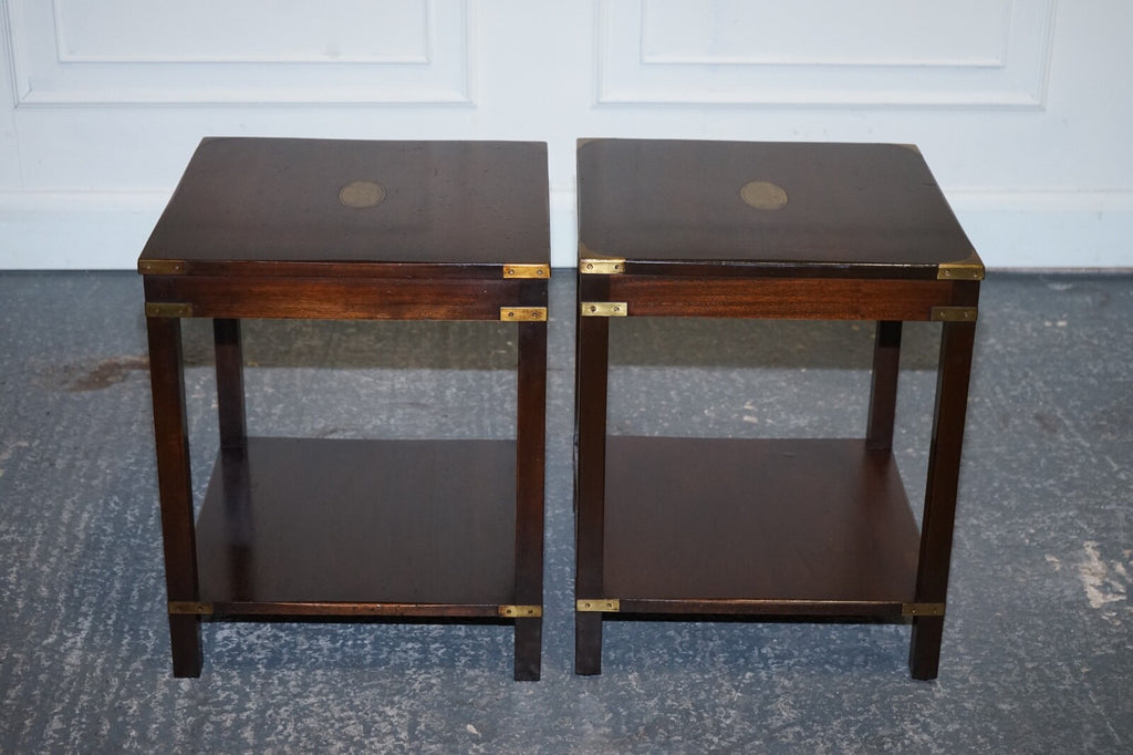 FINE ENGLISH PAIR OF BEVAN FUNNELL MILITARY CAMPAIGN NiGHTSTANDS END SIDE TABLES