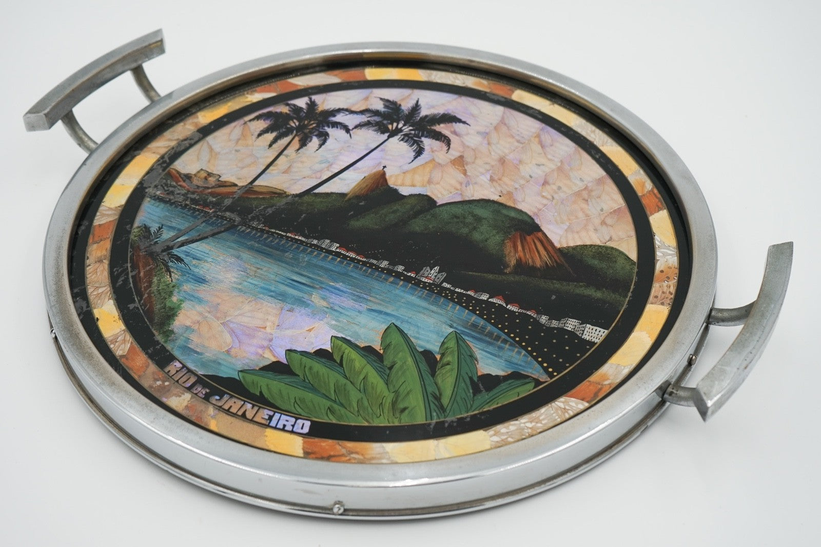 VINTAGE CIRCULAR BRAZILIAN RIO DE JANEIRO METAL TRAY REAL MORPHO BUTTERFLY WINGS