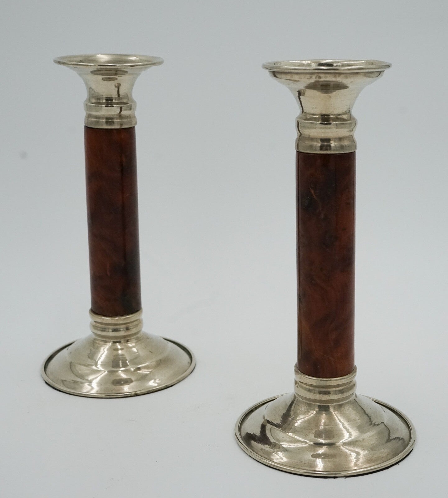 PAIR OF LOVELY DECORATIVE ART DECO BURR WALNUT CANDLESTICKS