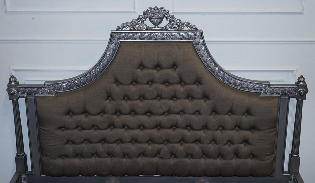 BEAUTIFUL FRENCH SILVER FRAME BUTTON BACKED KING SIZE WOODEN BED FRAME