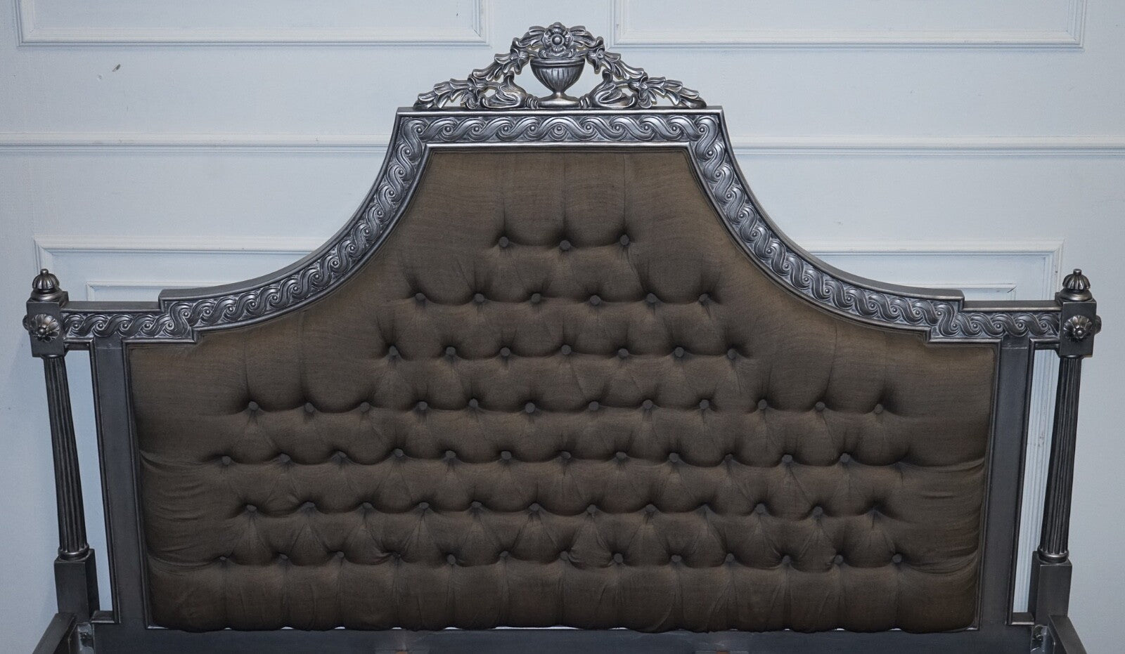 BEAUTIFUL FRENCH SILVER FRAME BUTTON BACKED KING SIZE WOODEN BED FRAME