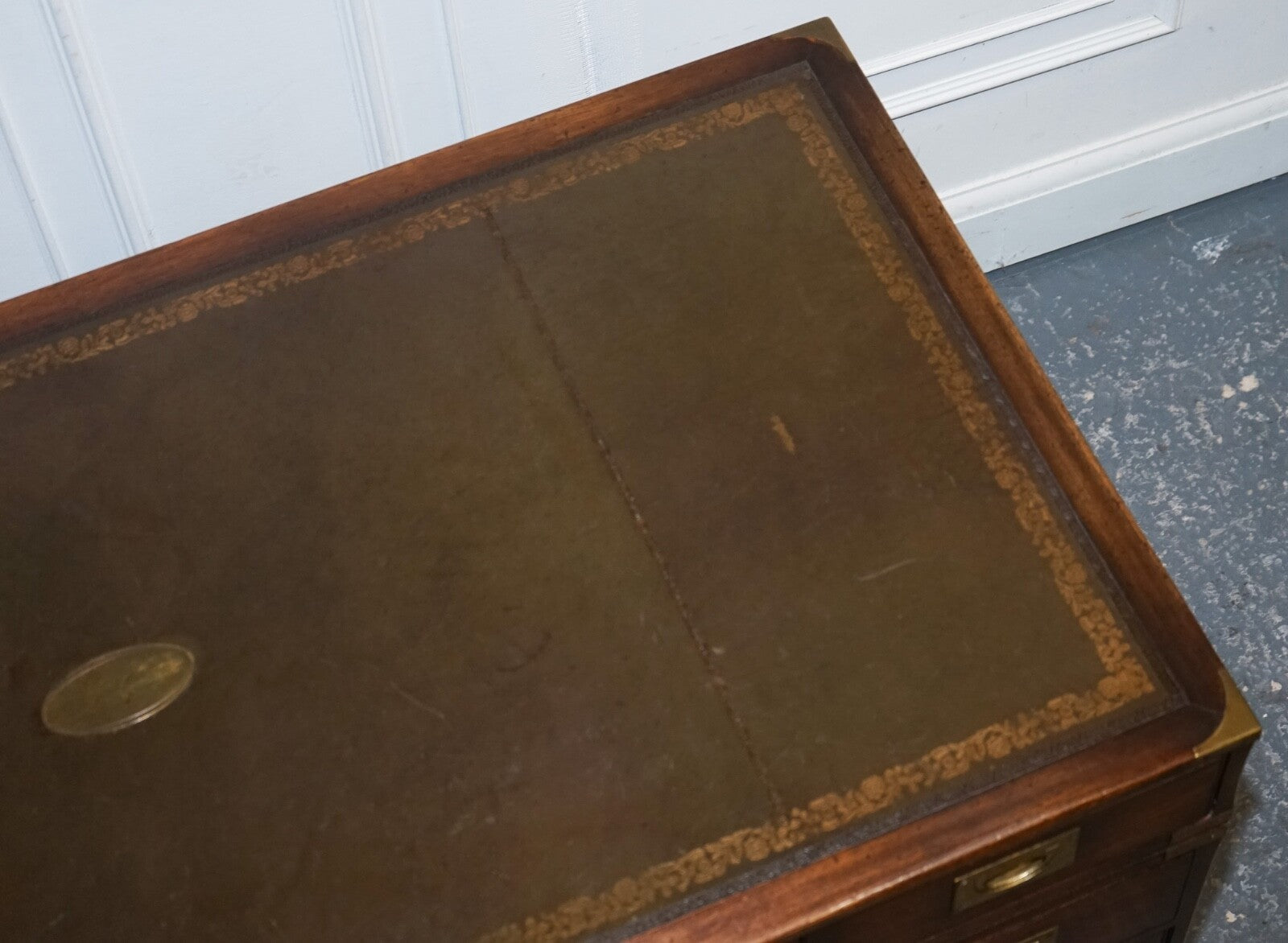 MILITARY CAMPAIGN TWIN PEDESTAL DESK WITH AGED GREEN LEATHER TOP BEVAN FUNELL