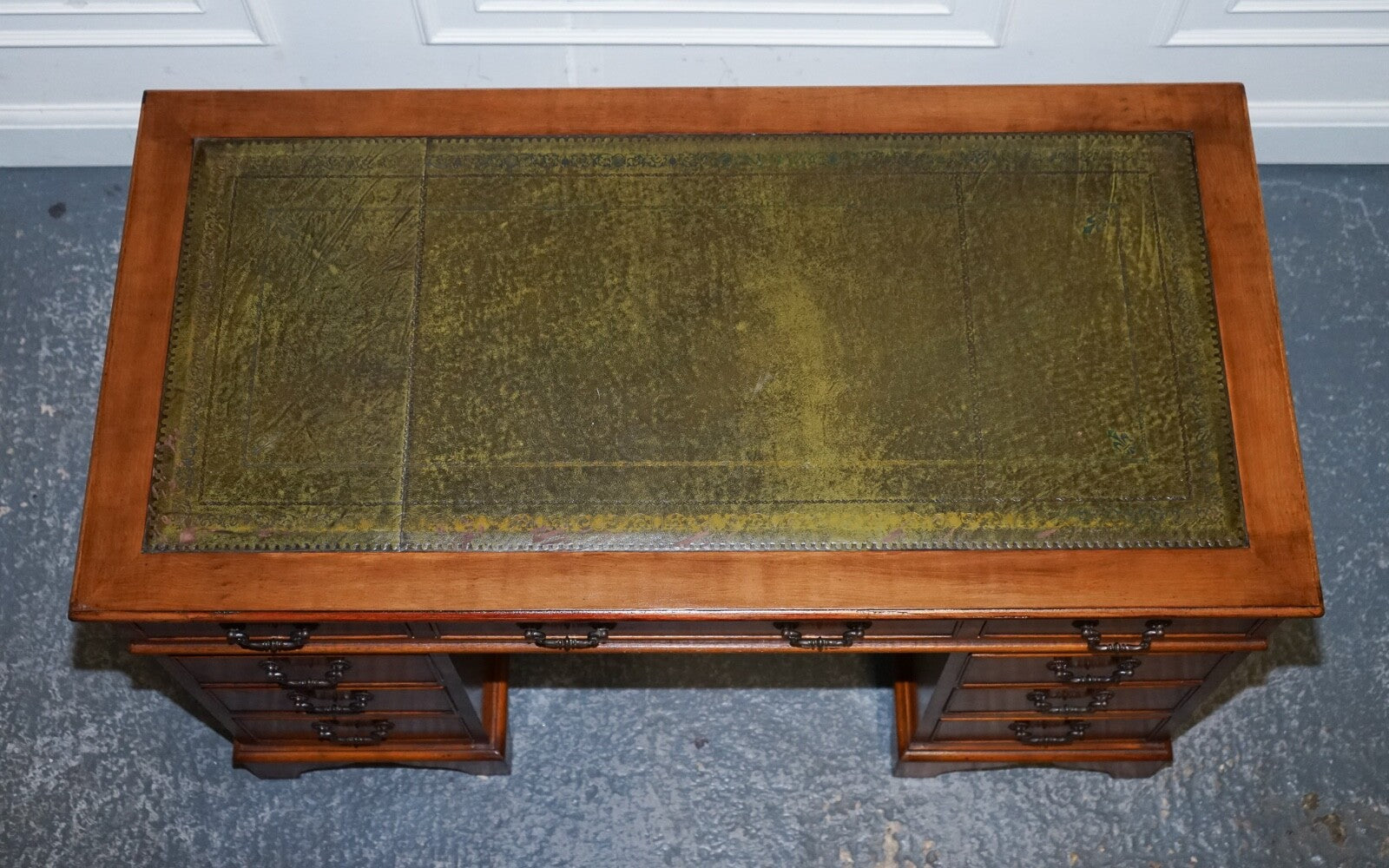 VINTAGE YEW WOOD TWIN PEDESTAL GREEN LEATHER TOP DESK