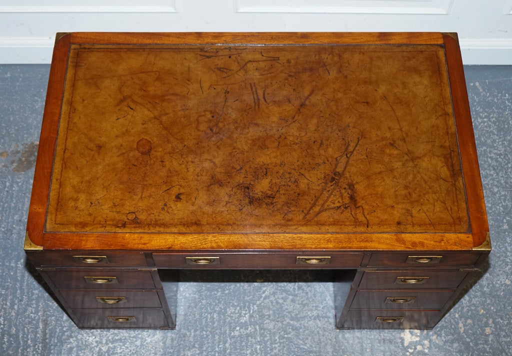 FULLY RESTORED BEVAN FUNNELL MILITARY CAMPAIGN TWIN PEDESTAL DESK BROWN LEATHER
