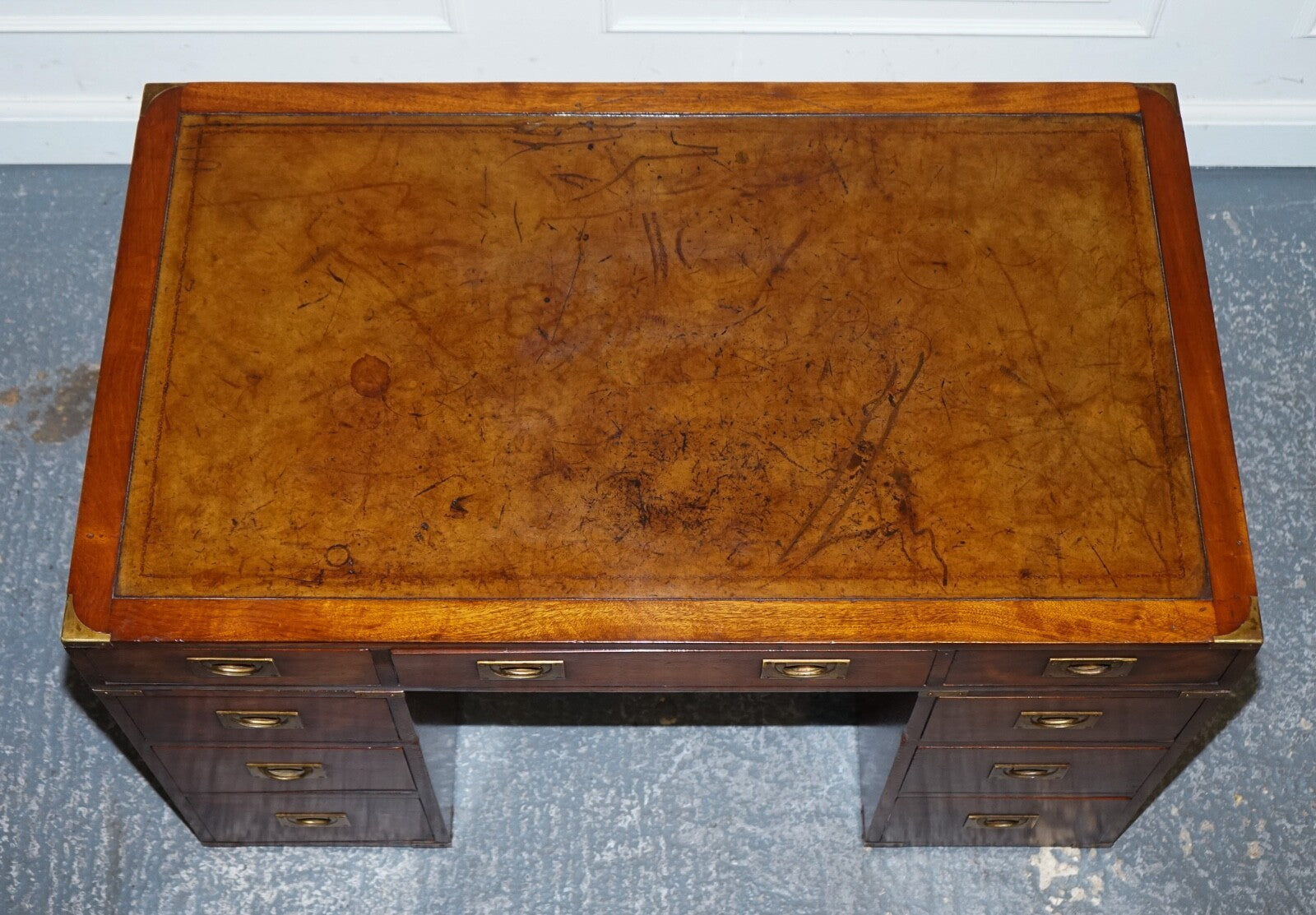 FULLY RESTORED BEVAN FUNNELL MILITARY CAMPAIGN TWIN PEDESTAL DESK BROWN LEATHER