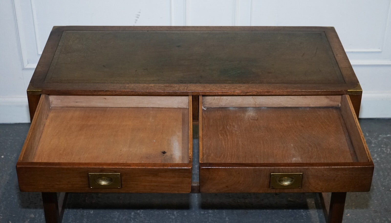 VINTAGE HARRODS LONDON KENNEDY MILITARY CAMPAIGN LEATHER TOP WRITING TABLE DESK