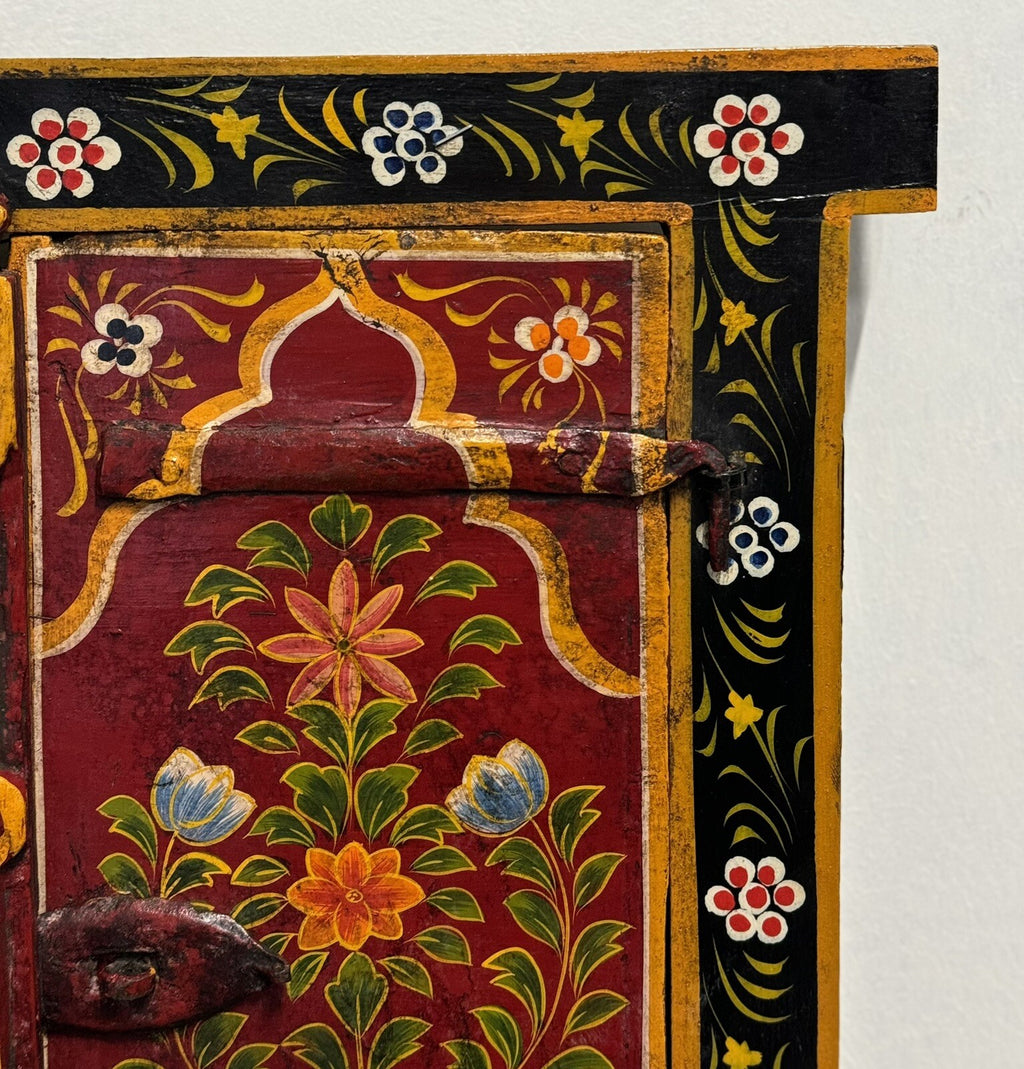 OLD INDiAN PAINTED WOOD WINDOW FRAME FLOWER AND VASE