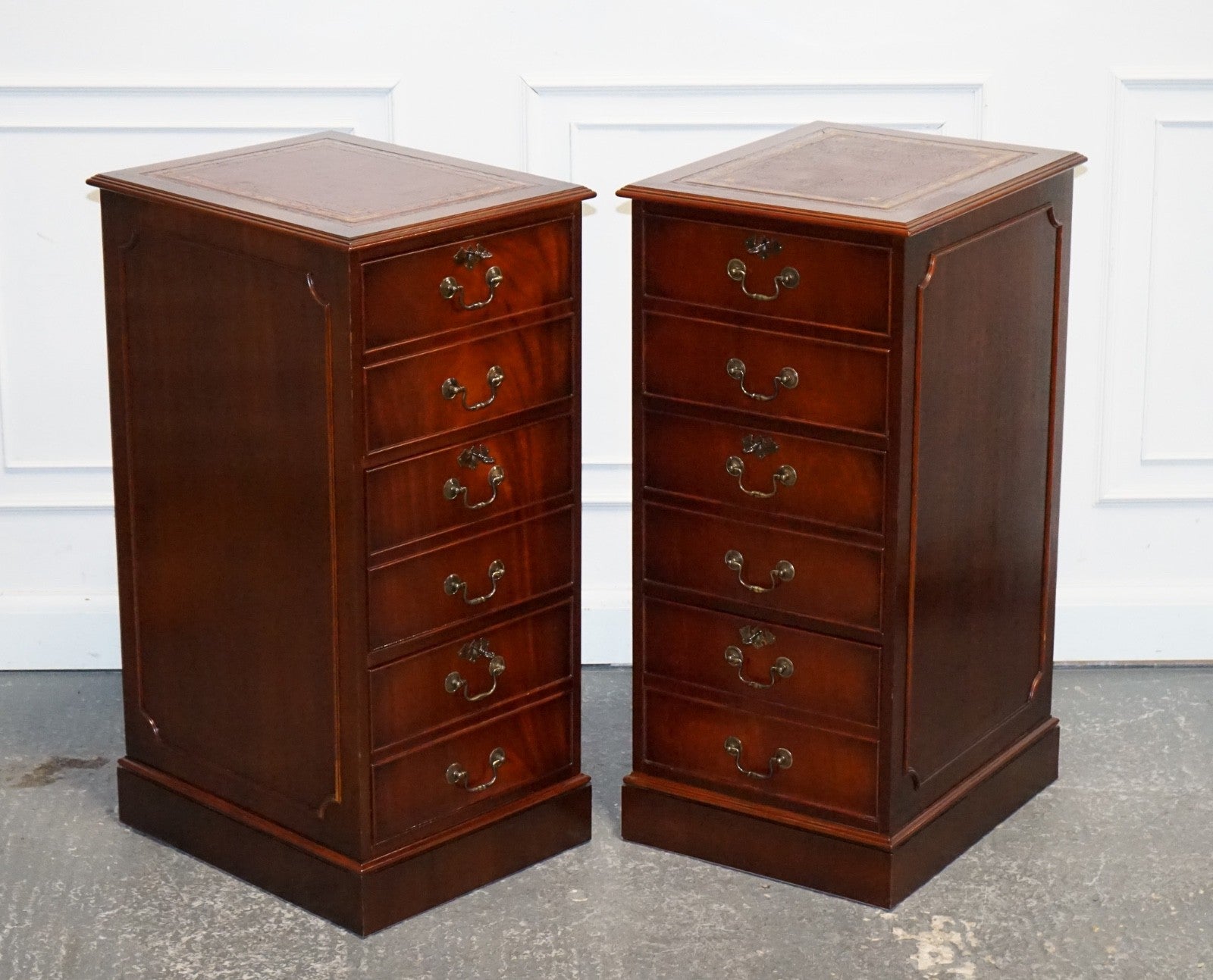 PAIR OF FILLING CABINETS BURGUNDY LEATHER GOLD EMBOSSED TOP 3 SPACIOUS DRAWERS