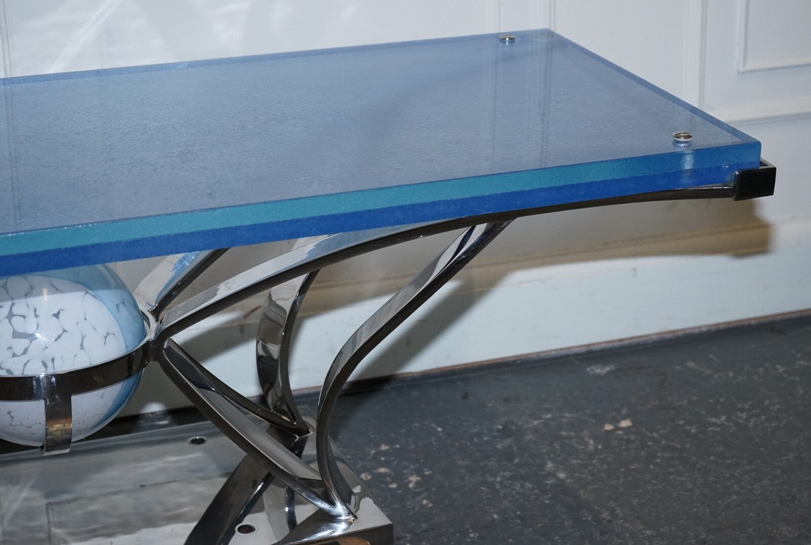RARE CUSTOM HAND MADE GLASS MARINE GRADE STAINLESS STEEL COFFEE TABLE BY SOLIART