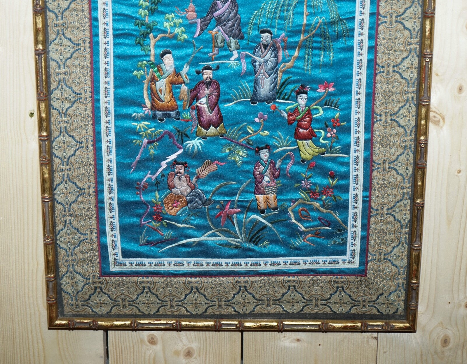 VINTAGE CHINESE HAND EMBROIDERED SILK TAPESTRY PANEL IN FAUX GILT BAMBOO FRAME