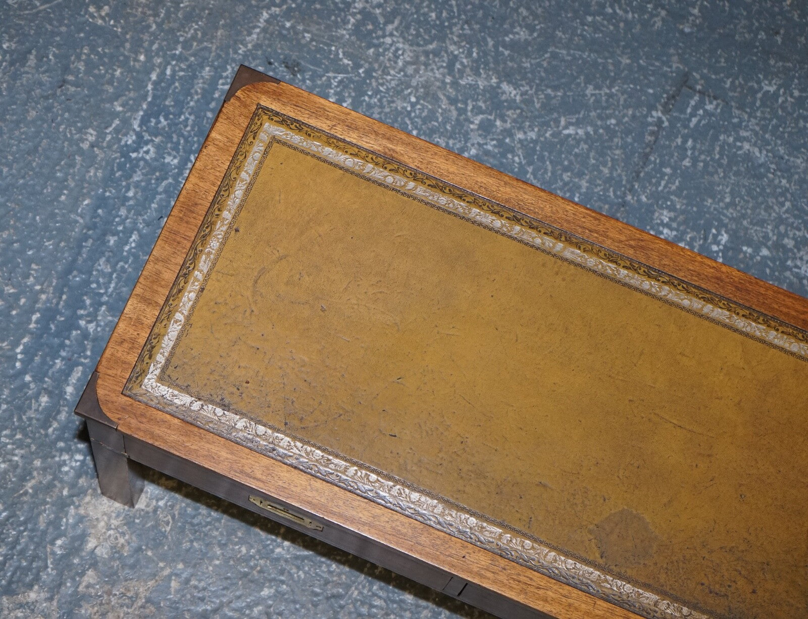 HARRODS LONDON KENNEDY MILITARY CAMPAIGN COFFEE TABLE WITH BROWN LEATHER TOP