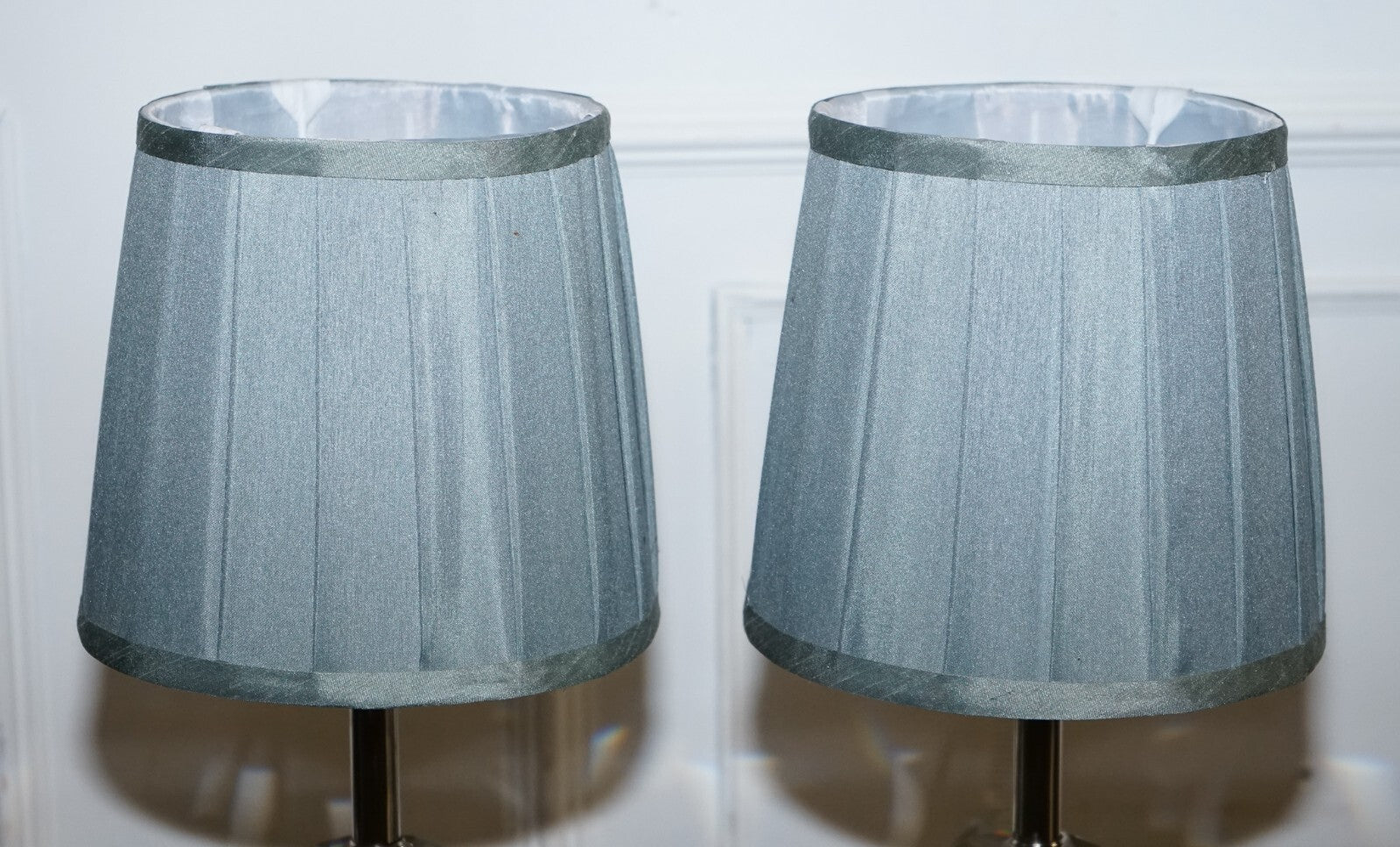 LOVELY PAIR OF DIAMOND GLASS DESIGN ON STAINLESS STEEL BASE BABY BLUE SHADES