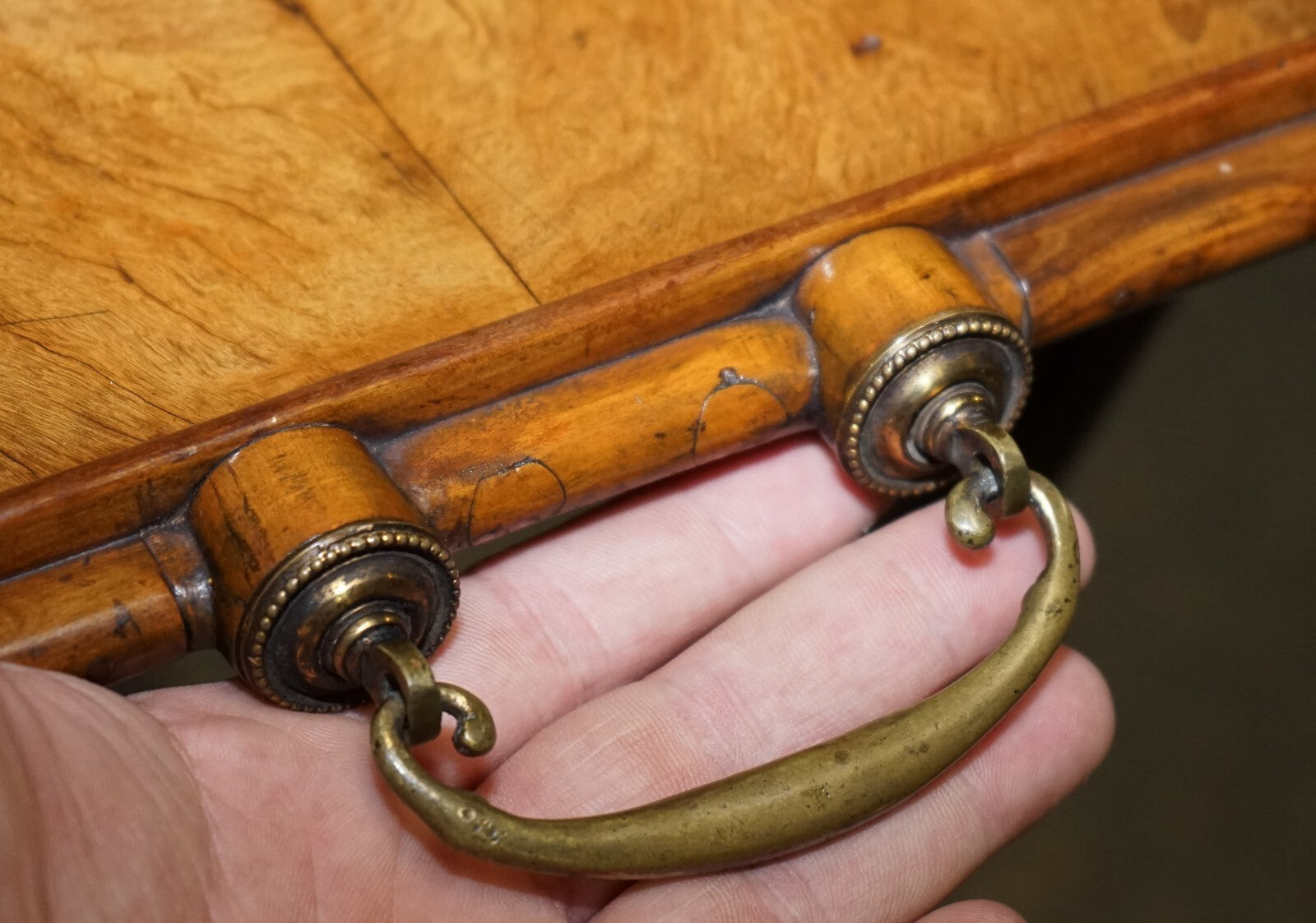 VICTORIAN DOUBLE SIDED SERVING TRAY ON BAMBOO STAND BRASS HANDLES MARQUETRY TOP