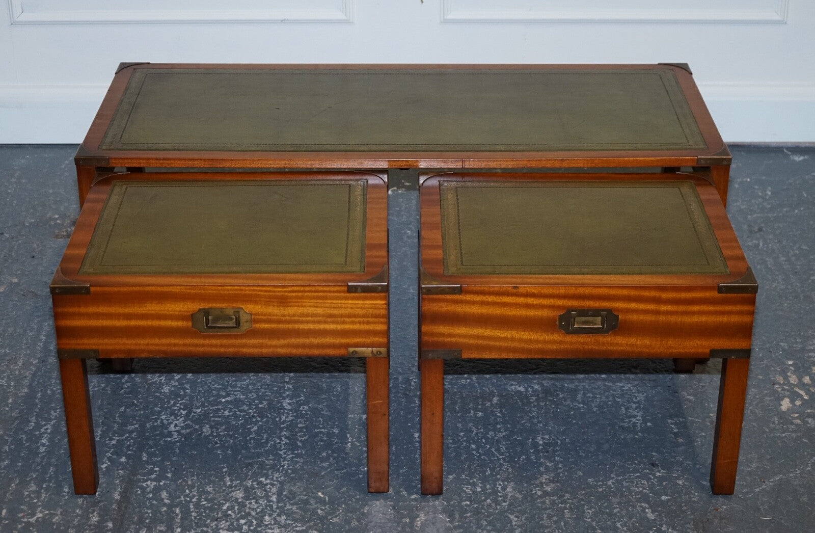 BEVAN FUNNELL COFFEE TABLE WITH TWO SIDE UNDERTABLES GREEN LEATHER TOP