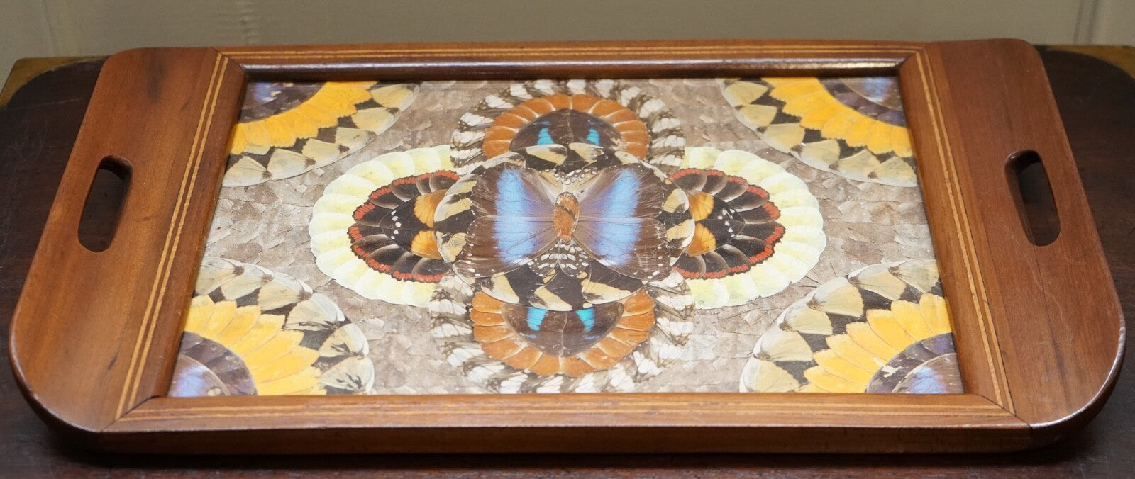 VINTAGE BRAZILIAN INLAID WOOD TRAY WITH REAL MORPHO BUTTERFLY WINGS
