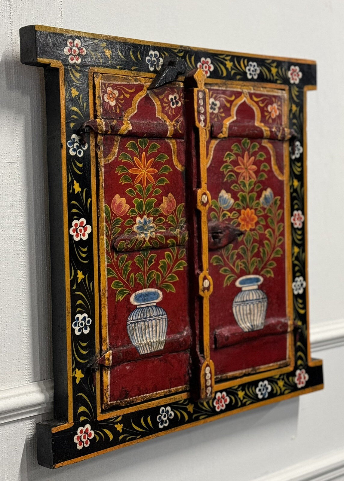 OLD INDiAN PAINTED WOOD WINDOW FRAME FLOWER AND VASE