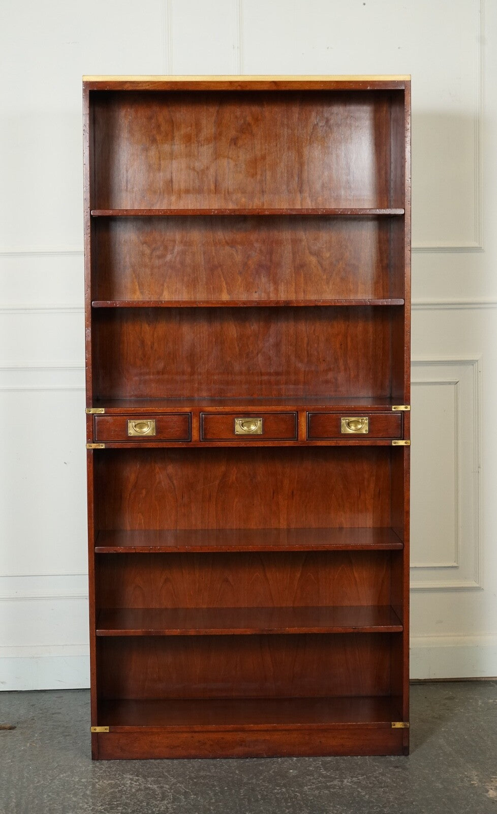 HARRODS LONDON KENNEDY THREE DRAWERS BURR YEW WOOD & BRASS MILITARY BOOKCASE