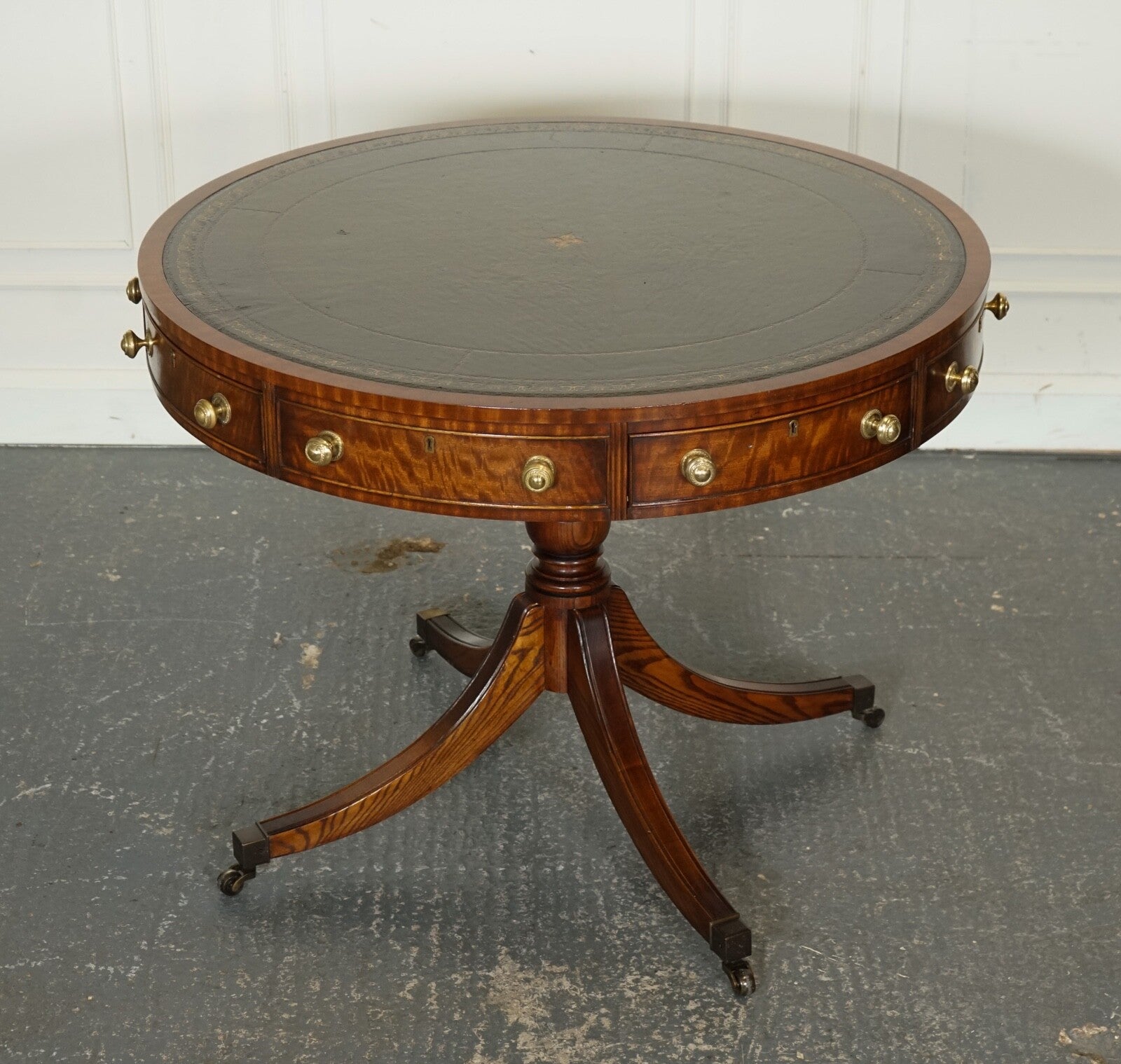 FINE RESTORED REGENCY STYLE DRUM TOP LIBRARY TABLE WITH AGED GREEN LEATHER TOP