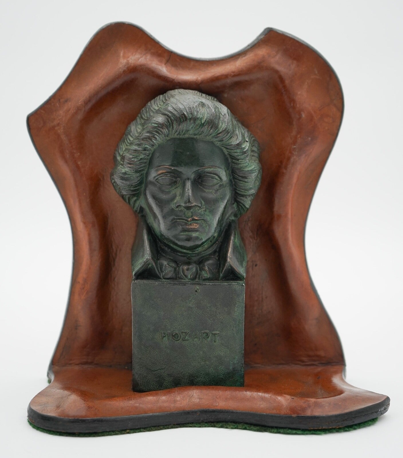 VERY RARE MOZART AND BEETHOVEN LEATHER BOOKENDS WITH LOVELY PATINA