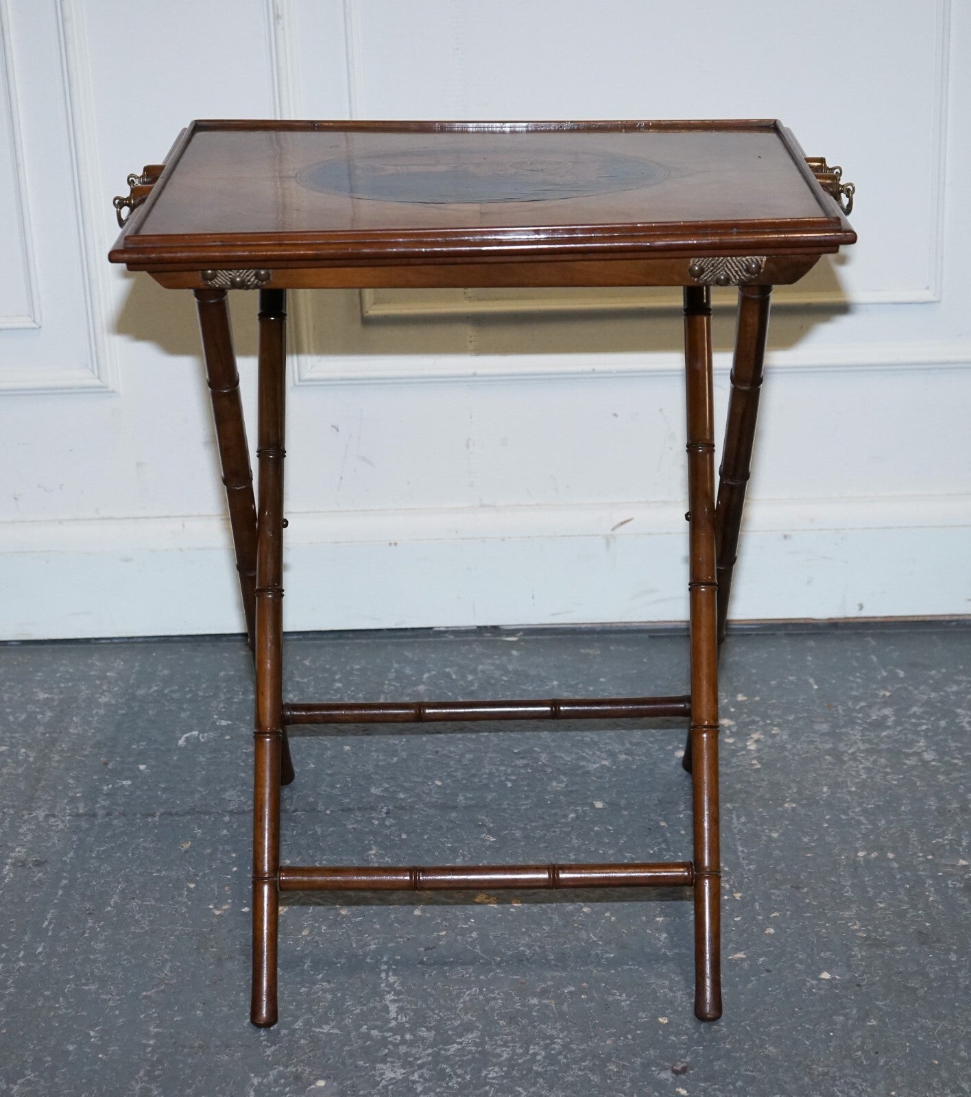 VICTORIAN DOUBLE SIDED SERVING TRAY ON BAMBOO STAND BRASS HANDLES MARQUETRY TOP