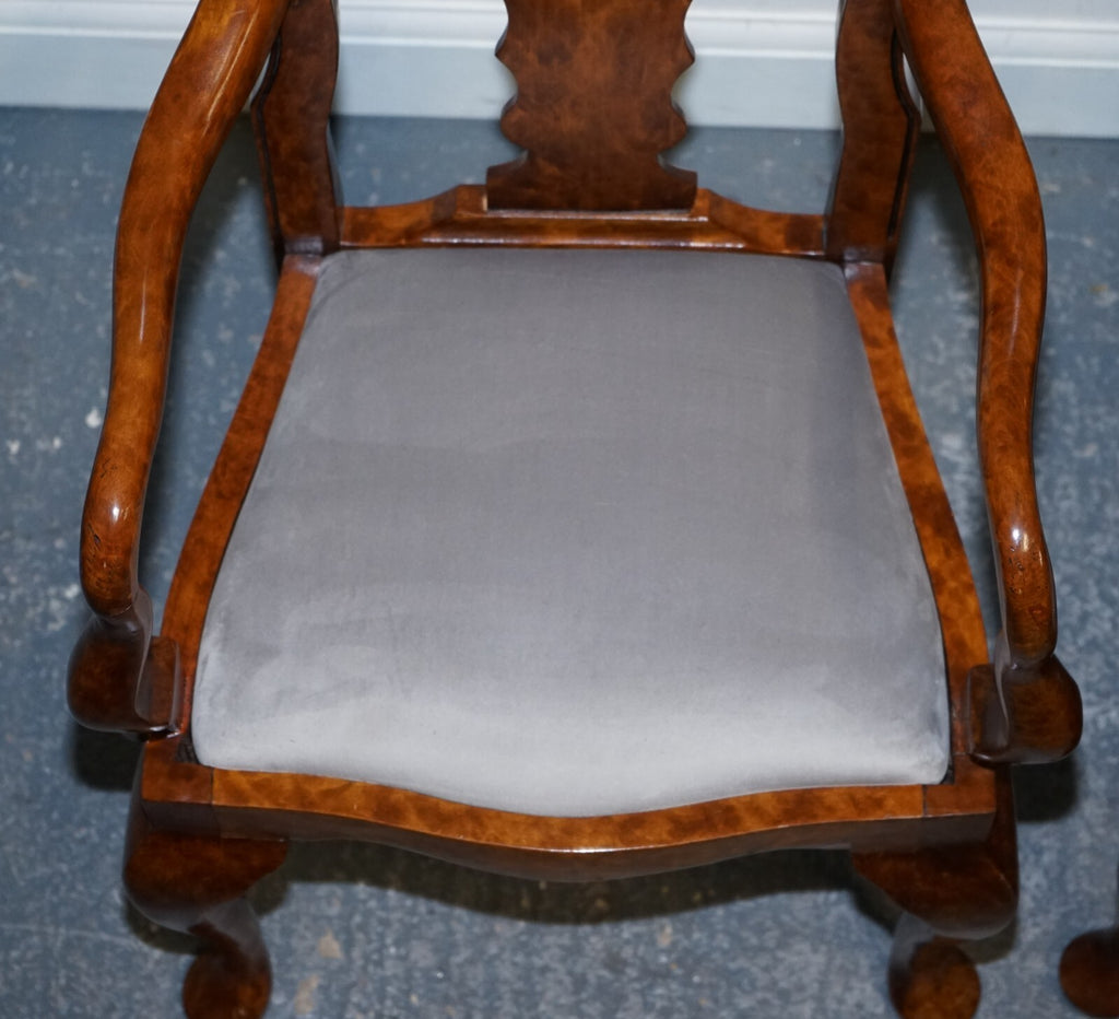 1920'S ART DECO PAIR OF QUEEN ANNE STYLE BURR WALNUT HALLWAY ELBOW ARMCHAIRS