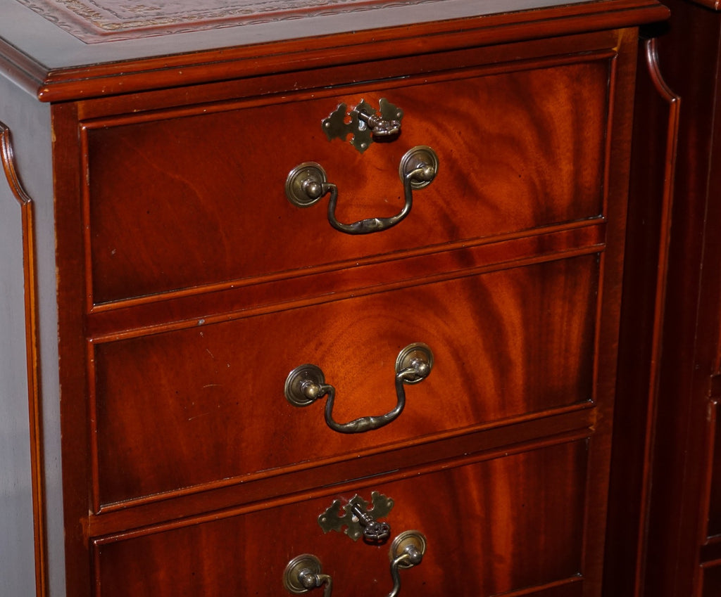 PAIR OF FILLING CABINETS BURGUNDY LEATHER GOLD EMBOSSED TOP 3 SPACIOUS DRAWERS