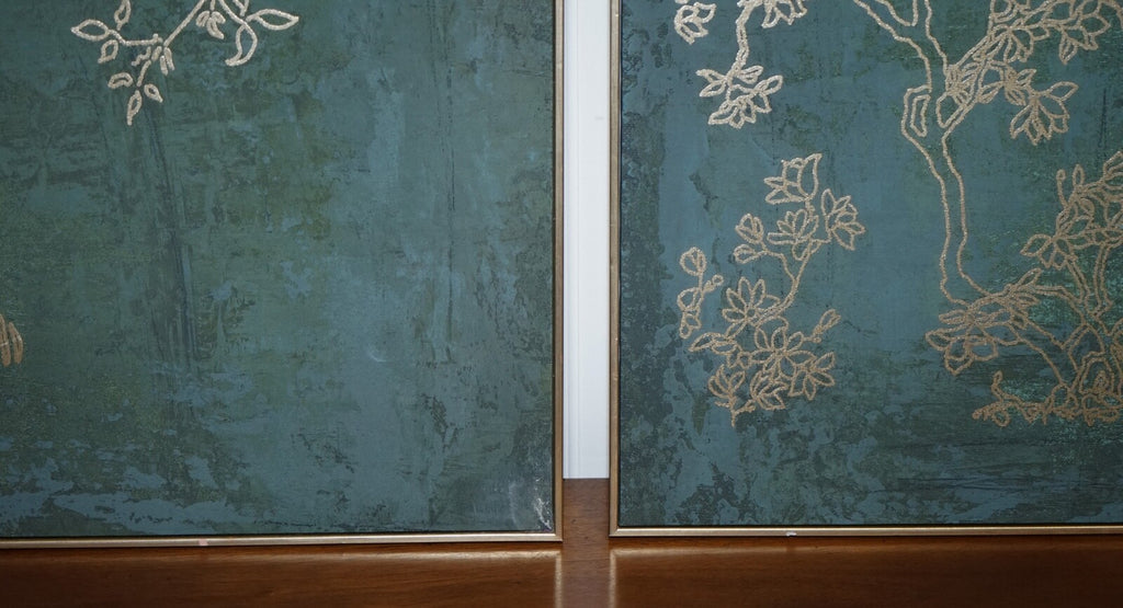 LOVELY PAIR OF PEACOCK ROOM ART PRINTS WALL DECOR TORQUOISE AND GOLD FRAMES