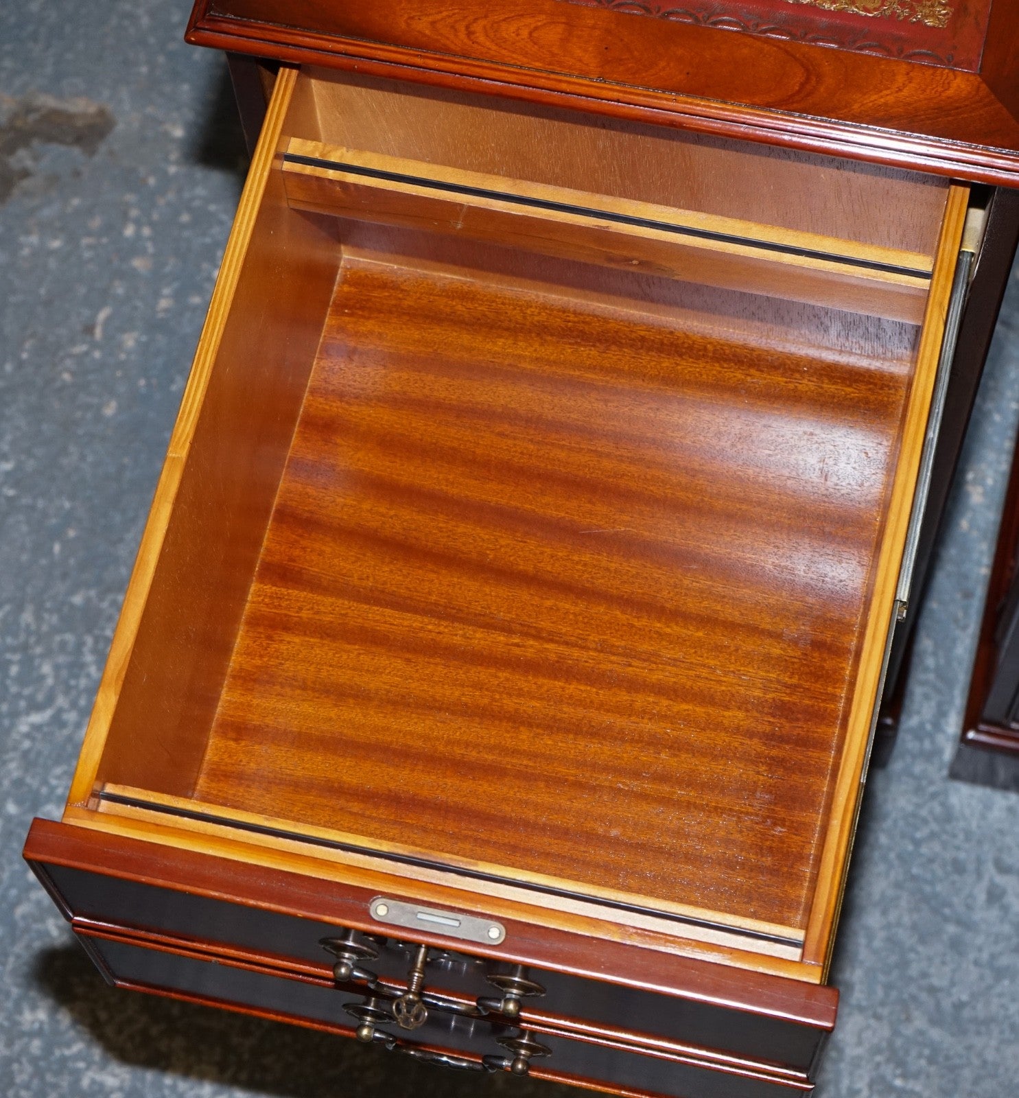 PAIR OF FILLING CABINETS BURGUNDY LEATHER GOLD EMBOSSED TOP 3 SPACIOUS DRAWERS