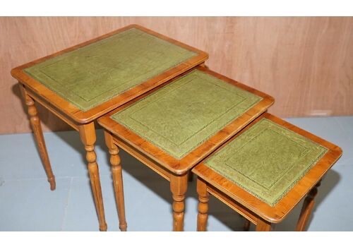 Nest Of Three Yew Wood Green Leather Top & Gold Leaf Embossed Side Tables