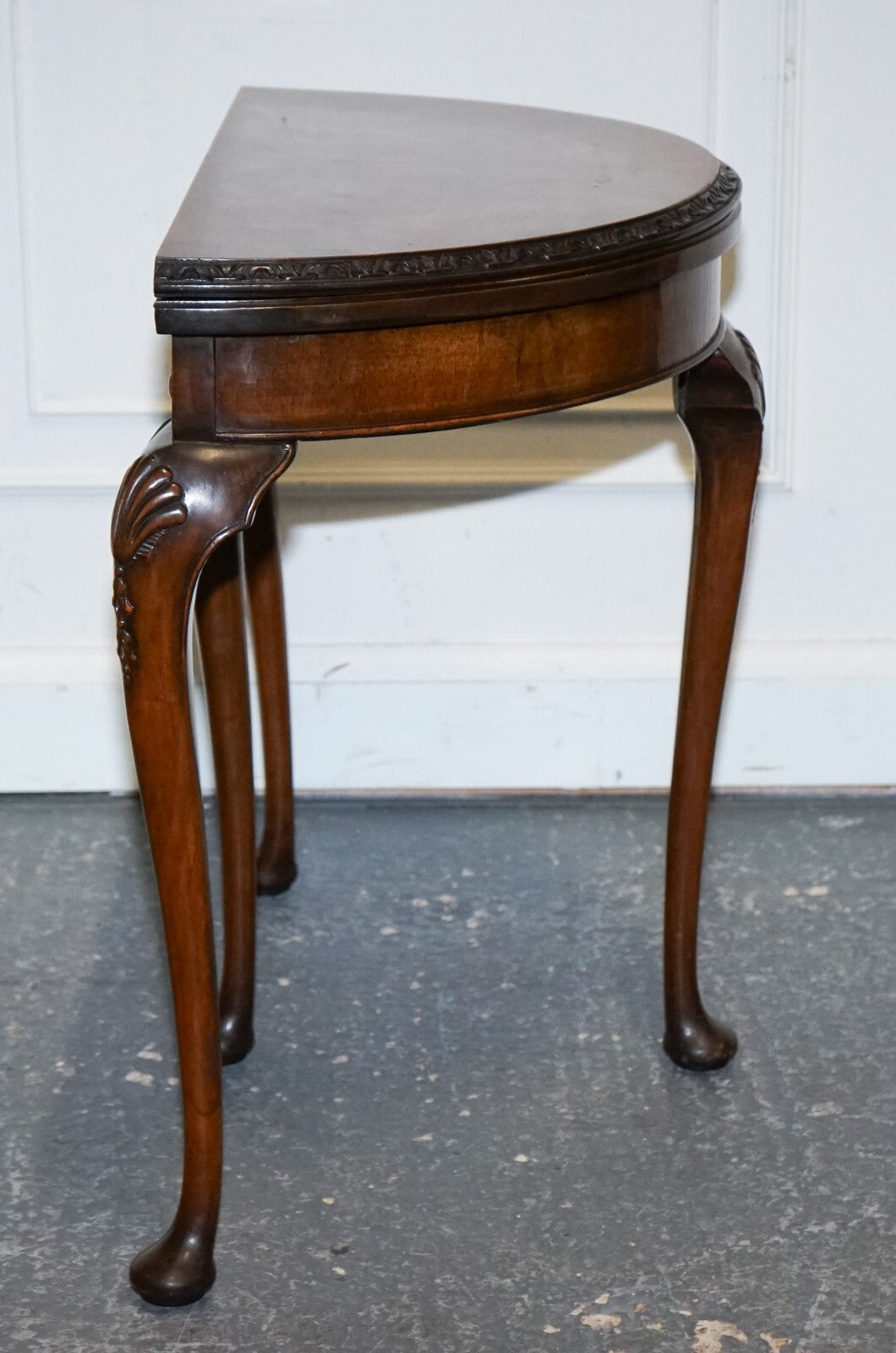 ANTIQUE BURR WALNUT DEMI LUNE CARD GAMES SIDE OCCASIONAL TABLE