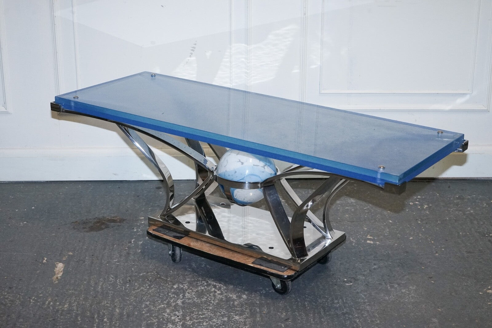 RARE CUSTOM HAND MADE GLASS MARINE GRADE STAINLESS STEEL COFFEE TABLE BY SOLIART