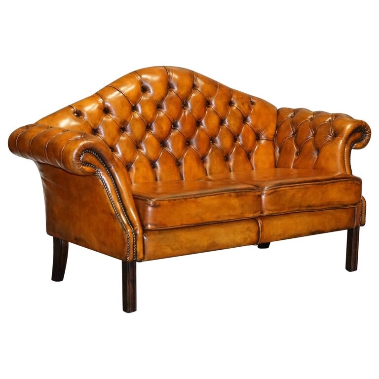 VINTAGE CIGAR BROWN HAND DYED LEATHER CAMEL BACK CHESTERFIELD TWO SEATER SOFA