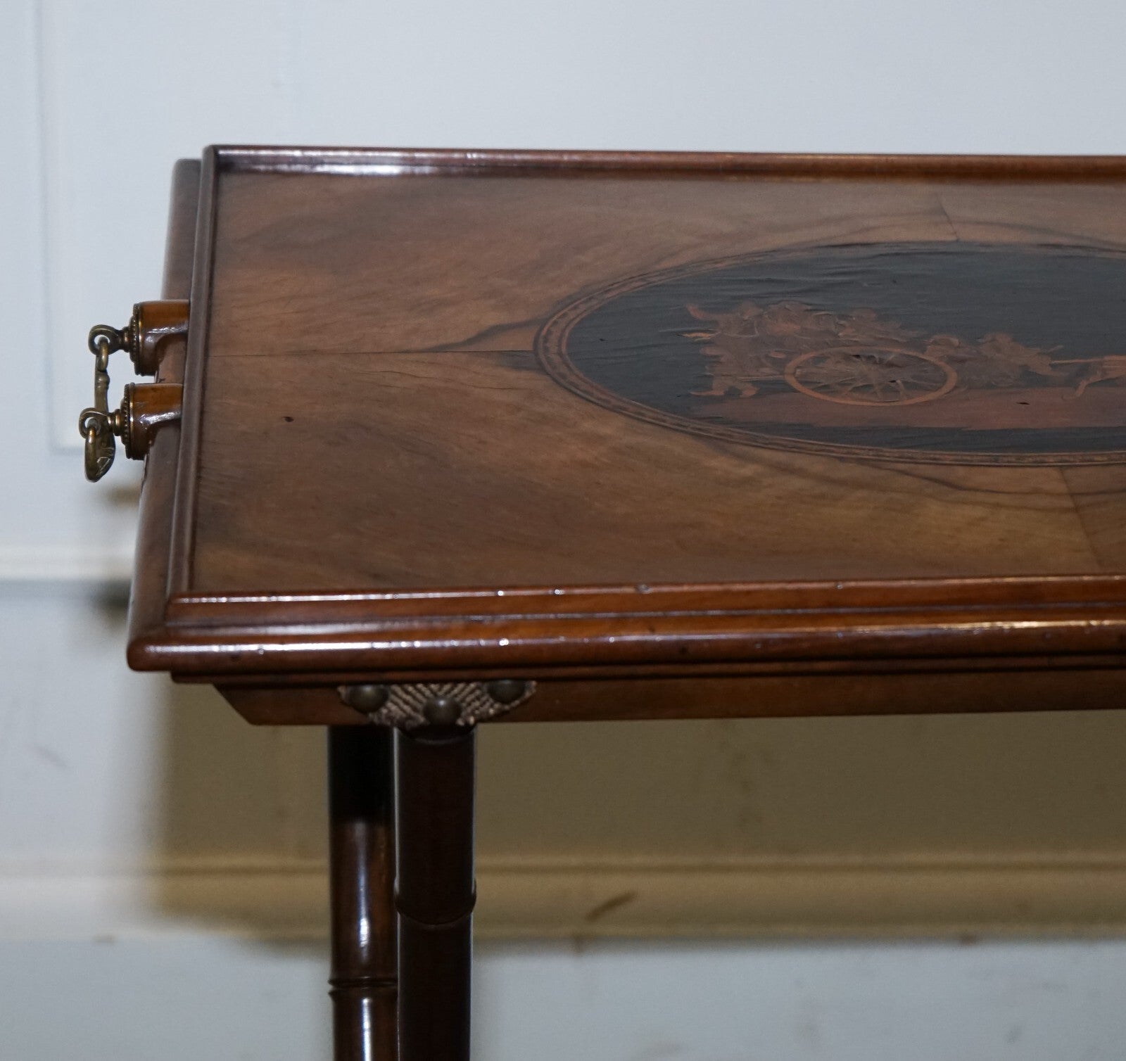 VICTORIAN DOUBLE SIDED SERVING TRAY ON BAMBOO STAND BRASS HANDLES MARQUETRY TOP